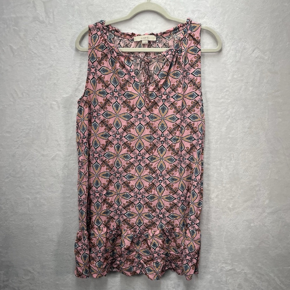 LOFT Ruffle Hem Shift Dress Womens Medium Floral Sleeveless Medallion